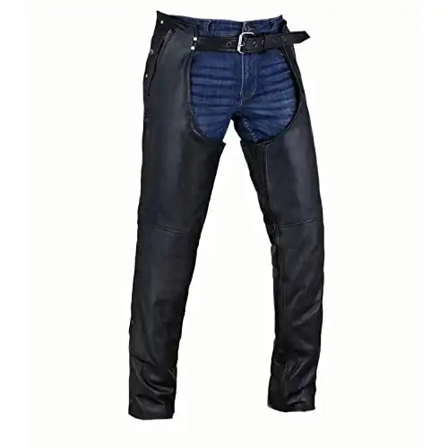 Motorcycle Leather Chaps for Men, Biker Riding Cowboy Chaps, Black Multi-Pocket Split Soft Leather Pants W/Zipout liner