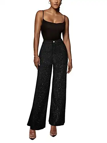 ALLUMK Women's Stretchy High Waisted Wide Leg Button-Down Pants with Sequins