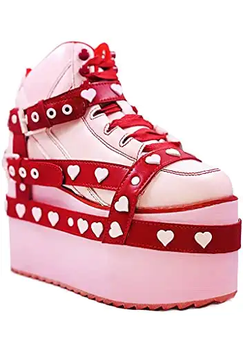 YRU Qozmo Bondage Love Hurts Platform Sneakers - Pink/Red - Rave, Goth, EDM, Festival (numeric_6)