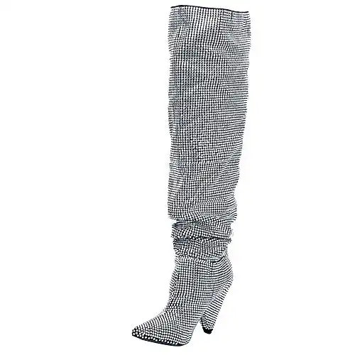 BeneModa Women's Closed Pointed Toe Fashion Rhinestones Boots Over Knee High Boots