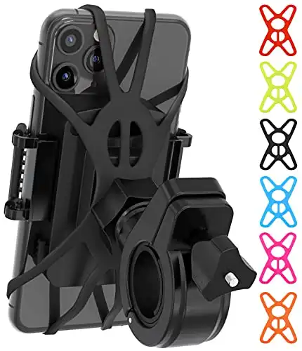 TruActive Premium Bike Phone Mount Holder, Motorcycle Phone Mount, 6 Color Bands Included, Cell Phone Holder for Bike – Universal Any Phone or Handlebar, Bike Phone Holder, ATV, Tool Free