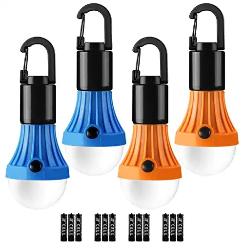 Lepro LED Camping Lantern, Camping Accessories, 3 Lighting Modes, Hanging Tent Light Bulbs with Clip Hook for Camping, Hiking, Hurricane, Storms, Outages, Collapsible, Batteries Included, 4 Packs