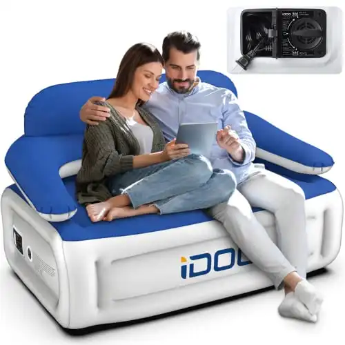 iDOO Inflatable Couch, Blow Up Sofa 3 Seater with Built-in Pump, Camping Inflatable Chair, Portable Air Couch with Backrest, Blow Up Lounger, 3-Min Fast Inflation Deflation, Easy to Storage