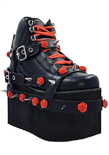 YRU Qozmo Bondage Rose Platform Sneakers - Black Red - Rave, Goth, EDM, Festival (Numeric_7)