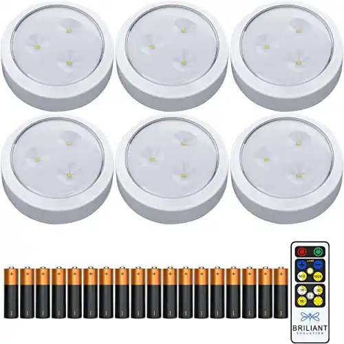 Brilliant Evolution Tap Light Push Lights 6pk w/Batteries + Remote, Stick On Lights Under Cabinets Lighting Touch LED Puck Lights Portable Under Counter Lighting Wireless Closet Kitchen Night Lights