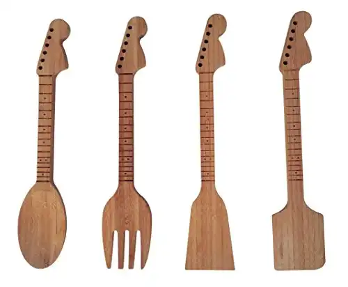 Rise8 Studios Bamboo Guitar Neck Shaped Kitchen Cooking Utensil Set - Guitar Shaped Musician Gifts - Set of 4: Spoon, Spatulas and Salad Fork