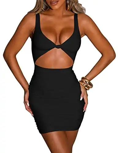 Kaximil Women's Sexy Bodycon Sleeveless Cut Out Ruched Tank Mini Club Party Dresses