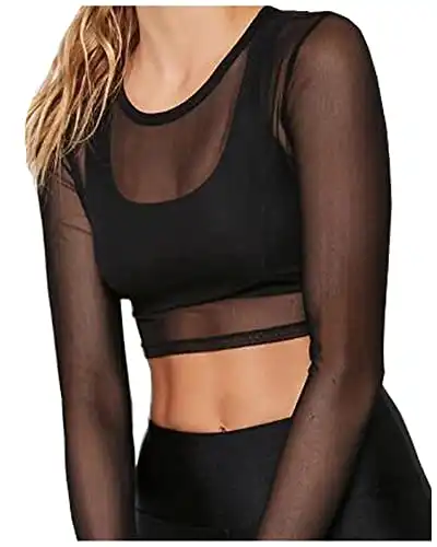 BelleLovin Women's Sheer Mesh Long Sleeve Crop Top Sexy Tee Blouse