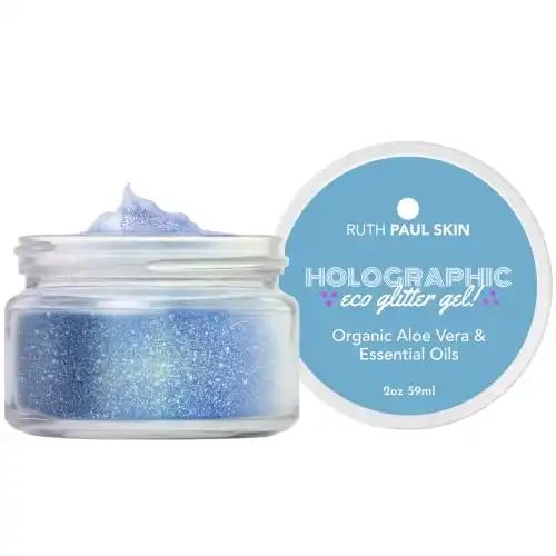 Holographic Face, Body Glitter Gel: for Women & Girls | Biodegradable Blue Glitter | Shimmer Body Lotion | Fine Glitter in Aloe Vera Gel & Essential Oil | by Ruth Paul Skin 2oz