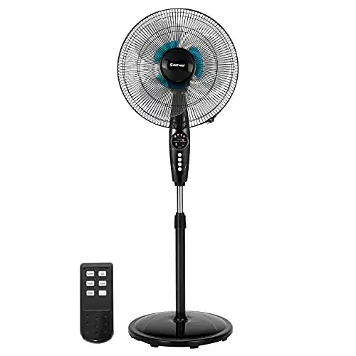 COSTWAY Pedestal Fan, 18-Inch Adjustable Height Fan, 3-Speed Digital Control, Timer, LCD Display, Double Blades, Remote Control, Quiet Oscillating Stand Fan for Home, Office, Bedroom