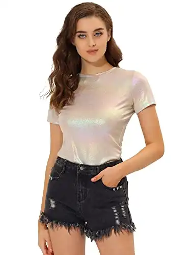 Allegra K Women's Party Metallic Textured Short Sleeve Shiny Multicolor Top