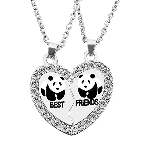 MJartoria BFF Necklace for 2, Best Friend Necklaces, Panda, Dolphin, Penguin Valentines Day Gifts Split Heart Rhinestone Friendship Necklaces Engraved Pendant