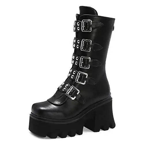 YIYA Black Platform Goth Boots for Women Studded Wide Mid Calf Combat Punk Boots Round Toe Buckle Chunky Heel Back Zipper Thick Sole Ankle Booties