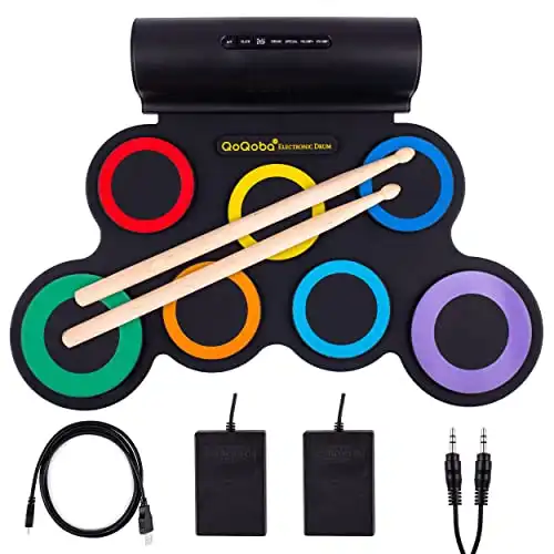 QoQoba Electronic Drum Set for Kids | Adult Beginner Pro MIDI Drum Practice Pad Kit w/Headphone Jack | Drum Sticks | Great Holiday Birthday Gift for Kids Drum Set (RAINBOW)