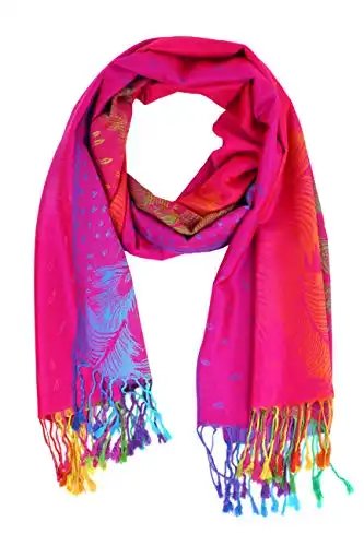 Rainbow Pashmina Colorful Silky Tropical Colorful Exotic Pashmina Wrap Shawl Scarf (hotpink multi feathers 050)