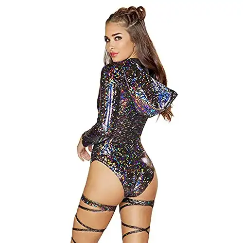 RARITYUS Women Rave Hologram Hooded Bodysuit Romper Fashion Swimsuit Festival Costume Zip Up Long Sleeve Party Clubwear