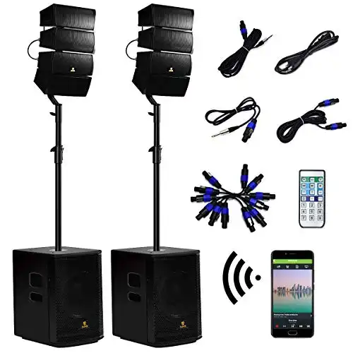 AKUSTIK 12 Inch 4000Watt Powered PA Speaker System Combo Set, DJ Array Speaker Set with Remote Control, Two Subwoofers & 8 X Array Speaker Set, Bluetooth/USB/SD/RCA (12 Inch)