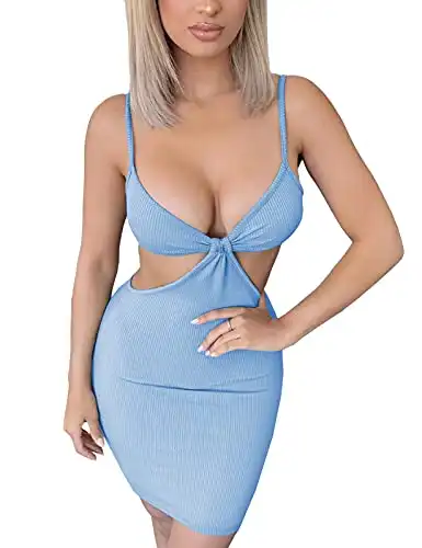 SKYVOICE Women Sexy Bodycon Spaghetti Strap Dress Hollow Out Basic Backless Club Party Mini Dress