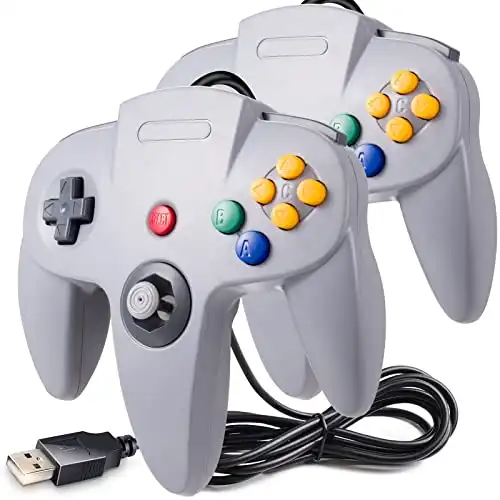 2 Pack PC USB Classic N64 Controller, SAFFUN N64 Wired USB PC Game pad Joystick, N64 Bit USB Wired Game Stick Joy pad Controller for Windows PC MAC Linux Raspberry Pi 3 Sega Genesis (Grey)