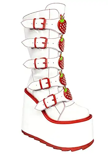 YRU Dune Strawberry Platform Boots - White/Red - Rave, Goth, EDM, Festival (numeric_6)