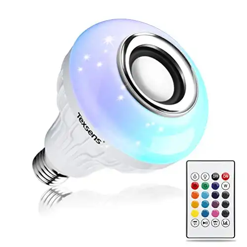 Texsens LED Light Bulb Bluetooth Speaker, 6W E26 RGB Changing Lamp Wireless Stereo Audio with 24 Keys Remote Control