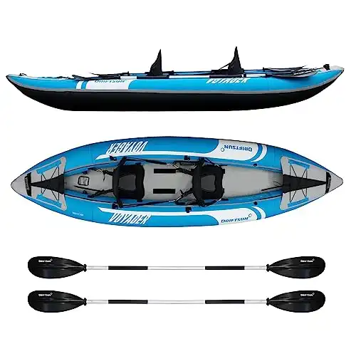 Driftsun Voyager Inflatable Kayak - 2 Person Tandem Inflatable Kayak, Includes 2 Aluminum Paddles, 2 Padded Seats, Double Action Pump and Travel Backpack