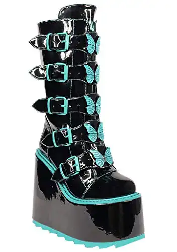 YRU Dune Butterfly Platform Boots in Black Teal - Black - Rave, Goth, EDM, Festival (Numeric_6)