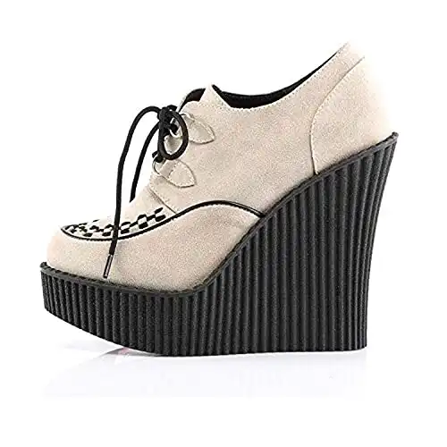 Demonia Women's CREEPER-302 5 1/4" Wedge Platform Shoe D-Ring Lace-Up Front Vegan Creeper Cream Vegan Suede 7