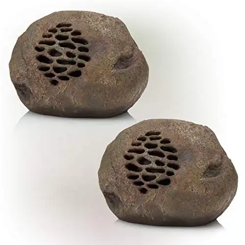 Alpine Corporation Weather-Resistant Bluetooth Solar-Powered Outdoor Wireless Rock Speaker – Set of 2, Brown