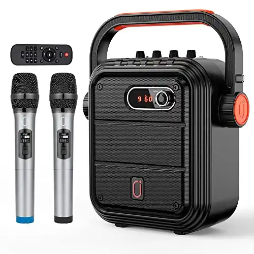 JYX 66BT Karaoke Machine with Two Wireless Microphones, Portable Bluetooth Speaker with Shoulder Strap, Studio Subwoofer Support TWS, Radio, AUX in, REC, Bass&Treble for Party/Meeting/Adults/Kids