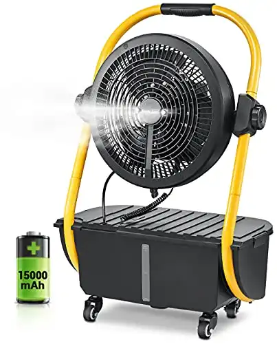 Geek Aire Battery Operated Misting Fan, Rechargeable Outdoor Floor Fan with 2.9 Gal Water Tank, Powered Waterproof Durable 15000mAh Battery Run for Patio, Camping Gear Accessories - 12 Inch