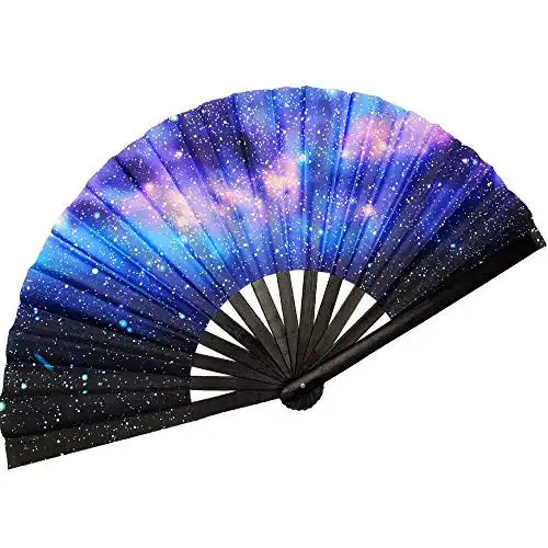 SoJourner Bags Rave Fan - Festival Fan - Large Folding Fan for Raves, Halloween, Burlesque, Rainbow Outfits for Women & Festival Accessories - Clack Fan Hand Fan (Galaxy)