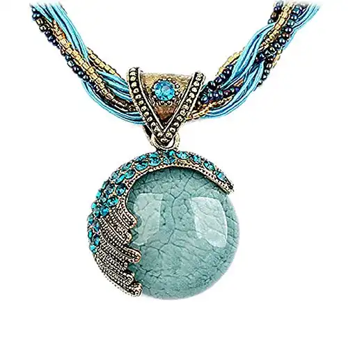 Harlorki Women Lady Retro Vintage Bohemian Style Twist Woven Rope Chain Turquoise Rhinestone Pendant Collar Necklace Fashion Jewelry