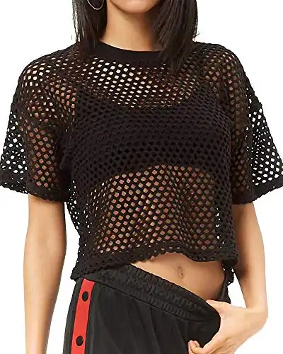 CLOZOZ Women's Mesh Cover Up See Through Fishnet T-Shirt Crop Top