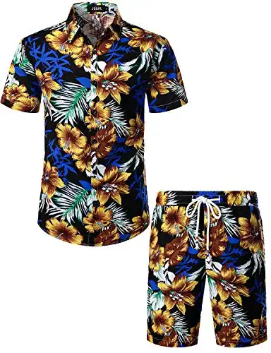 JOGAL Men's Flower Casual Button Down Short Sleeve Hawaiian Shirt Suits