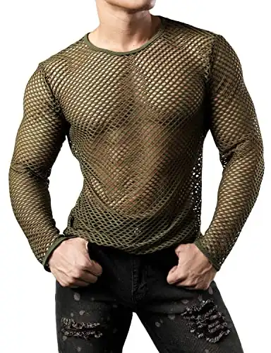 JOGAL Men's Mesh Fishnet Fitted Long Sleeve Muscle Top