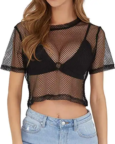 CLOZOZ Mesh Top Women Fishnet Tops for Women See Through Women's Trendy Going Out Tops