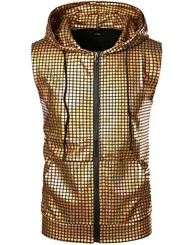 ZEROYAA Mens Hipster Metallic Zip Up Sleeveless Hooded Vest T Shirt with Kangaroo Pocket