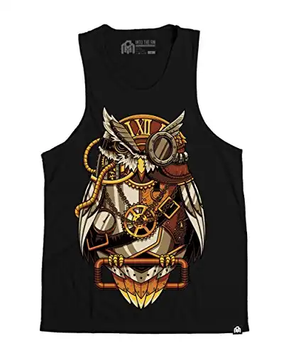 INTO THE AM Clockwork Owl Graphic Tank Tops for Men - Summer Beach Sleeveless Fashion Men's Tank Tops (Black, Large)