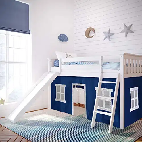 Max & Lily Low Loft Bed, Twin Bed Frame For Kids With Slide and Curtains For Bottom, White/Blue