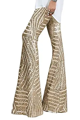 BLENCOT Sequin Pants for Women High Waist Bell Bottoms Glitter Wide Leg Palazzo Pants Night Club Sparkle Flared Trousers