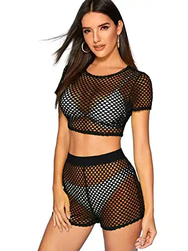 SweatyRocks Women's Sexy 2 Pieces Fishnet Crop Top with Shorts Outfit Set