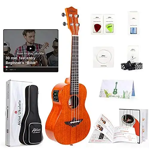 Concert Ukulele, AKLOT Acoustic-Electric Ukelele 23 Inch Solid Mahogany with Equalizer Uke for Professional Player with Beginner Kit (Gig Bag, Picks, Strap, String, Cleaning Cloth, Starter Manual)