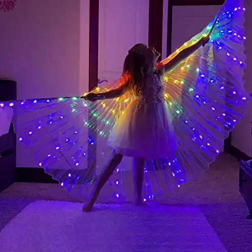 Kids Belly Dance Wings LED Butterfly Wings Luminous Light Up Girls Costumes with Telescopic Stick for Stage Show Halloween Christmas Party