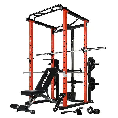 RitFit Squat Rack Power Cage Home Gym Package, Includes 1000LBS Power Rack with LAT Pull Down, Weight Bench, Rubber/Bumper Plates Set with Olympic Barbell (Package 1.2K (Rubber Plate 140LBS))-Orange