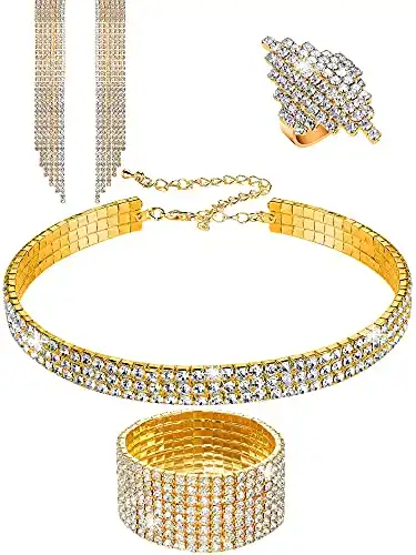 Hicarer Women Rhinestone Stretch Bracelet Bangle Crystal Rhinestone Necklace Ring Dangle Fringe Earrings