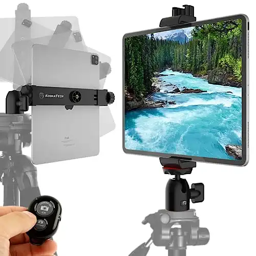 KobraTech iPad Tripod Mount Holder, Fits iPad Pro 12.9, Air, Mini, Tab and More | Includes Swivel Ball Head and Bluetooth Remote TabMount 360 iPad Holder for Tripod