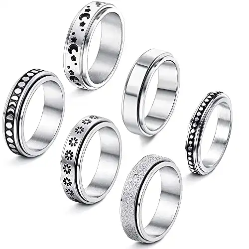 FIBO STEEL 6Pcs Stainless Steel Spinner Ring for Women Fidget Band Rings Moon Star Sand Blast Finish Ring Set for Stress Relieving Wedding Promise Size 5-13