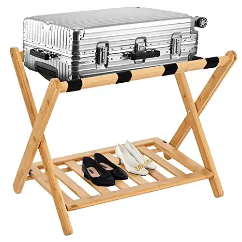 Smart FENDEE 26.77" Fully Assembled Natural Luggage Rack for Guest Room, Bamboo Wide Suitcase Stand with Storage Shelf, Folding Luggage Holder for Bedroom, Hotel