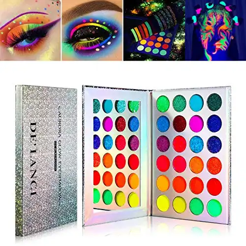 DE'LANCI Neon Eyeshadow Palette Glow in the Dark, Aurora Glow Eyeshadow Pallets Stage, Halloween Christmas Makeup Kit UV Glow Blacklight Matte and Glitter Fluorescent Eye Shadows Highly Pigment